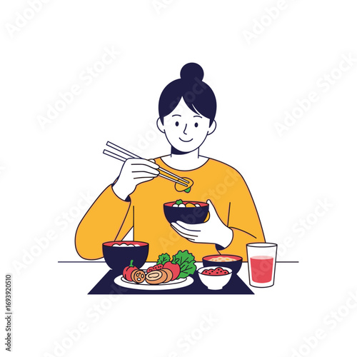 A young woman is happily eating a delicious healthy meal with chopsticks from a bowl