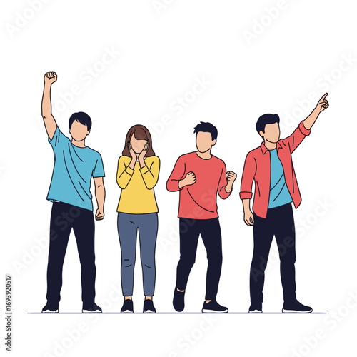 Four diverse people standing together expressing various emotions and gestures in a group illustration
