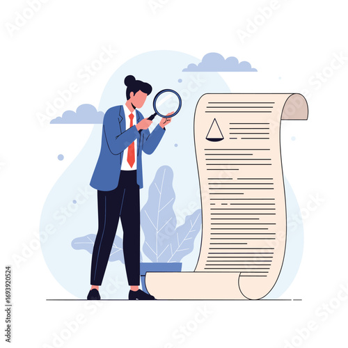 Examining legal document carefully under magnifying glass for accuracy and compliance review