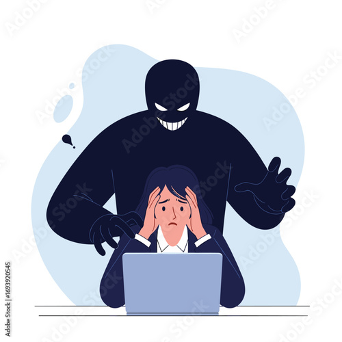 Cyberbullying victim feeling scared and stressed while working on laptop by a shadowy figure looming behind her