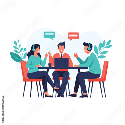Three people wearing headphones engaged in a lively discussion around a table with a laptop and speech bubbles indicating conversation