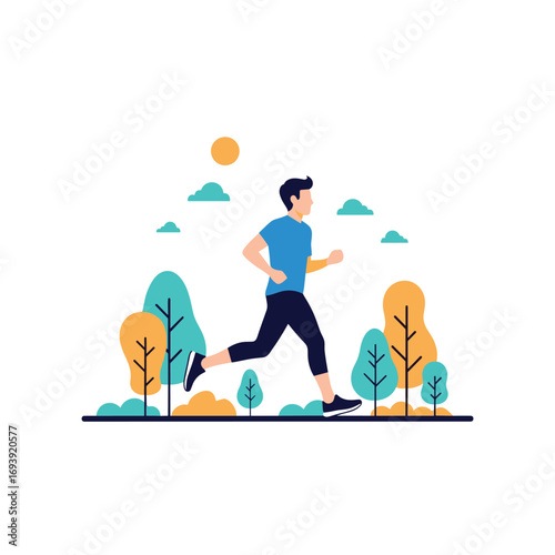 Man running outdoors on a sunny day surrounded by trees and clouds for healthy exercise