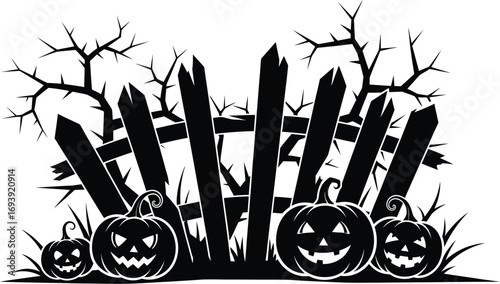Halloween pumpkins and a spooky fence, perfect for creating halloween cards, invitations, and decorations with a rustic feel