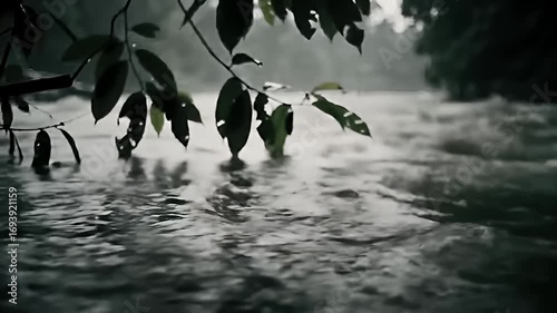 Rapid river flows with leaves near, creating depth in nature's stark beauty