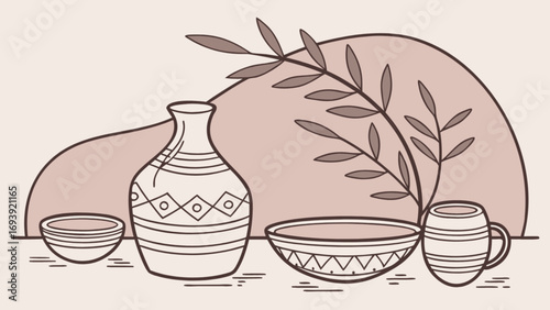 Boho pottery art print download neutral colors vase bowl mug plant leaves still life decor
