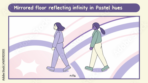 Pastel aesthetic walking illustration of women on mirrored floor reflecting infinity