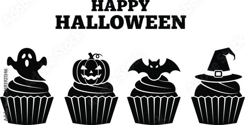 Festive halloween cupcakes with ghost, pumpkin, bat, and witch hat decorations for a spooky celebration