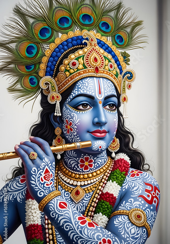 Lord Krishna playing flute with peacock feathers in detailed traditional dress