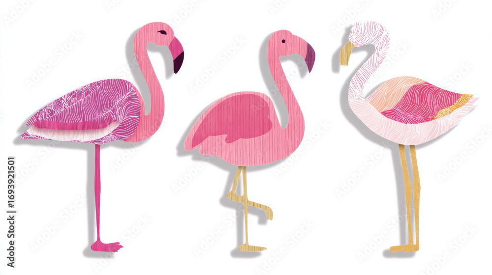 Obraz premium Paper cutouts in the manner of flamingo bird vector illustrations. Pre-made poster design of a Scandinavian child playing in a wild tropical safari during the summer. 