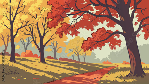 Autumn landscape vector illustration with fall foliage trees and scenic pathway view design
