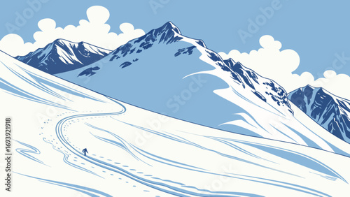 Scenic mountain landscape illustration of a skier on a snowy slope in winter season fun