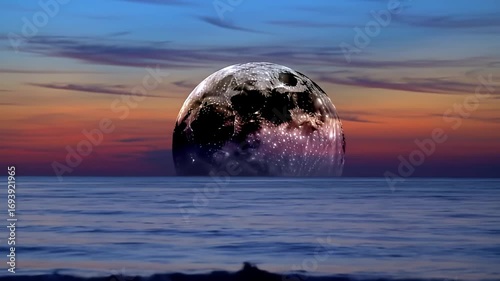 Ethereal sphere rising from the ocean at dusk, dreamy and surreal seascape scene