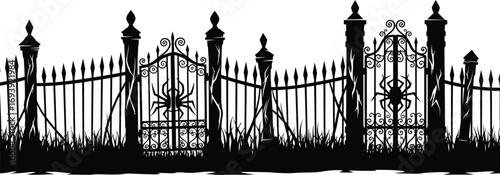 Spooky wrought iron fence with gates, perfect for halloween decorations, haunted houses, or gothic designs