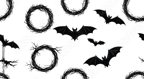 Seamless Halloween pattern with bats and wreaths, perfect for spooky backgrounds and festive and eerie designs.