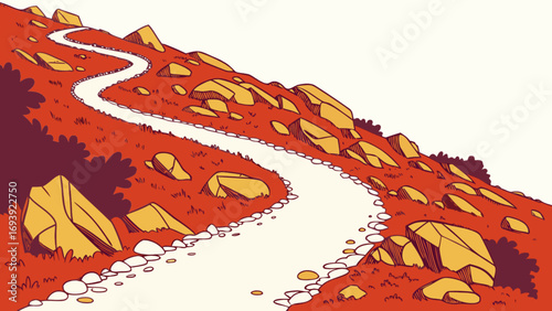 Explore the winding mountain trail: a scenic cartoon landscape with rocky terrain