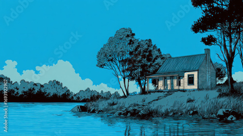 Simple Clipart Illustration of Lake House in Nature with Calm Water, Forest and Reflection
