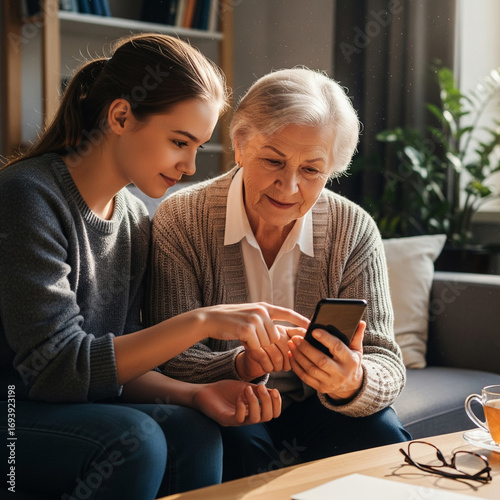 Young woman helping her elderly grandmother use a mobile phone at home