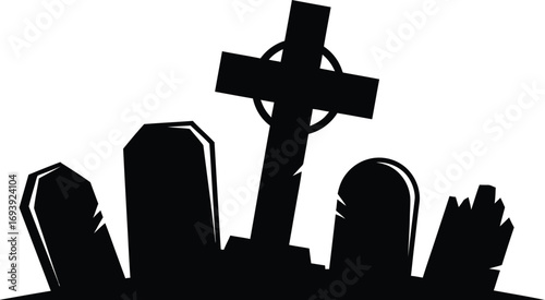 Silhouette illustration of a graveyard with tombstones and a cross