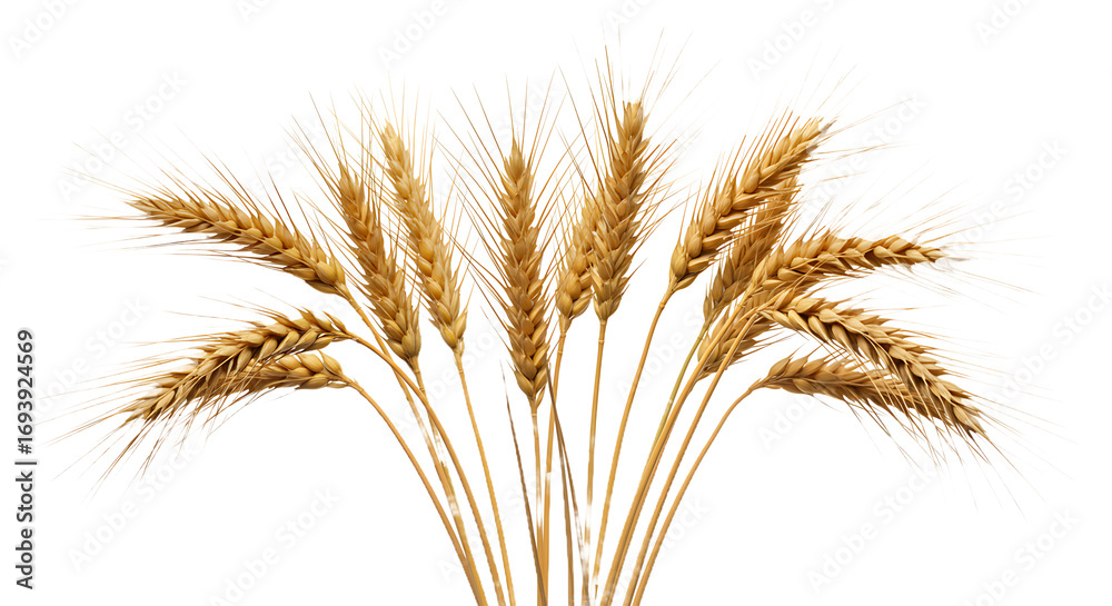 Fototapeta premium Golden wheat stalks with ripe grain heads clustered together against a stark black background