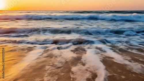 Sunset ocean waves gently rolling onto the shore, painted in golden hues of twilight