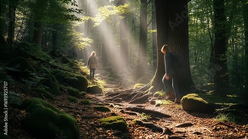 Person hikes a sunlit path through a dense forest with visible tree roots