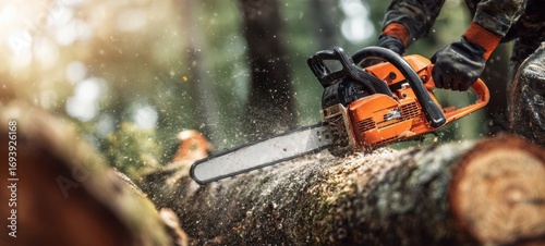 The chainsaw cutting a log in a sunlit forest with flying sawdust
