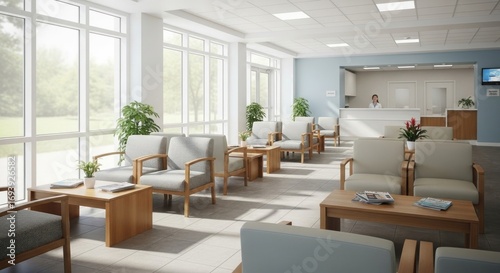 Sunlit waiting area with light wood furniture, pale upholstery, and large windows overlooking a tranquil park-like setting. A receptionist sits at a light blue reception desk