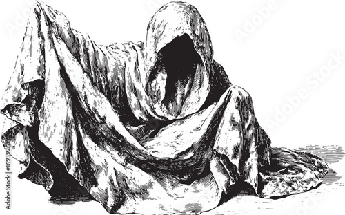 Hooded cloak figure with deep folds, shadows, and detailed drapery. Monochrome vector illustration with engraving texture.