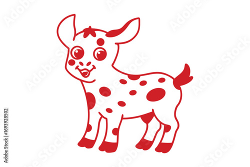 A cartoon goat calf with red spots is smiling cheerfully on white background