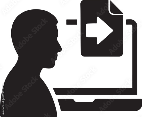Silhouette of a person sending a file online, digital transfer and cloud sharing concept.