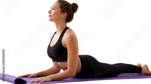 Calm woman doing sphinx pose on yoga mat image isolated transparent. Black athleticwear girl training core strength, healthy spine cut out photo png. Mindful session cutout photography
