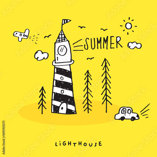 Hand drawing doodle cute lighthouse, Cute illustration for Summer