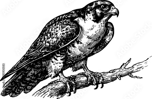 Falcon perched on a branch in detailed lineart style. Monochrome wildlife vector illustration.