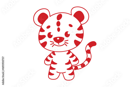 A cute white tiger cub with red stripes stands sweetly against a bright background