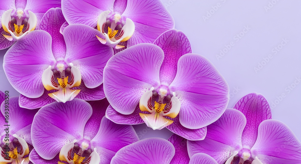 Fototapeta premium Close-up of beautiful purple orchids in full bloom, showing the delicate beauty of the flower�s petals and colors.
