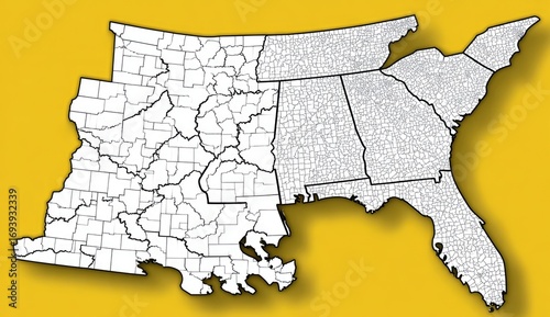 Southeastern US counties outlined on a mustard-yellow background
