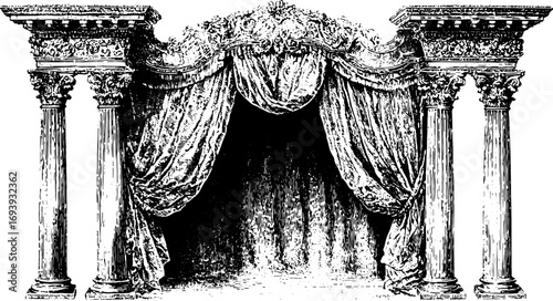 Stage with ornate columns and draped curtain in classic architectural style. Vintage theater entrance with detailed drapery, vector illustration.
