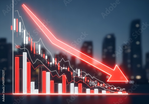 Red arrow pointing down on a stock market chart showing a financial crisis in the city background