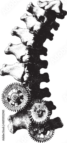 Spine and gears combined in a detailed monochrome style. Anatomy and engineering concept vector illustration with strong vintage and mechanical elements.
