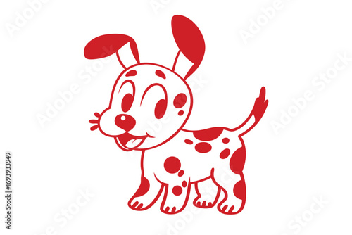 Adorable cartoon Dalmatian puppy smiles with floppy red ears and cute spotted body