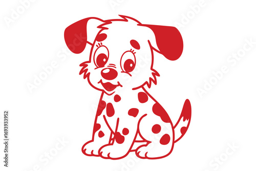 Adorable cartoon Dalmatian puppy is sitting with big eyes and red spots