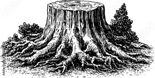 Tree stump with exposed roots in black and white. Vintage vector illustration with detailed texture and engraving style.