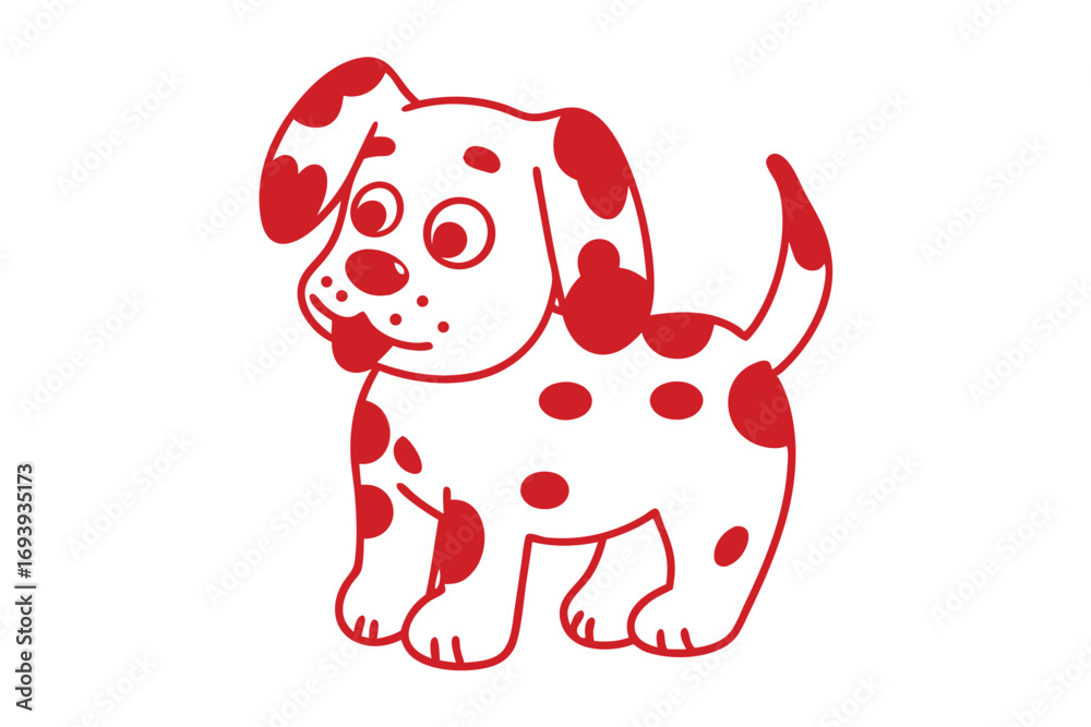 Fototapeta premium Adorable cartoon puppy with red spots playfully sticks its tongue out on a white backdrop