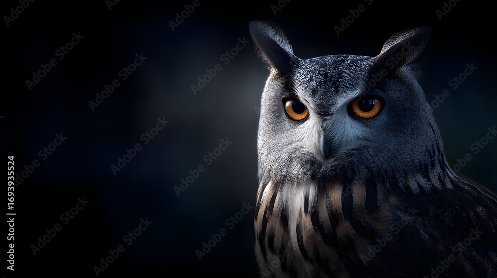 Obraz premium Owl's Introspection: A majestic owl stares intently, showcasing its mesmerizing gaze, in this intimate portrait set against a darkly atmospheric backdrop.