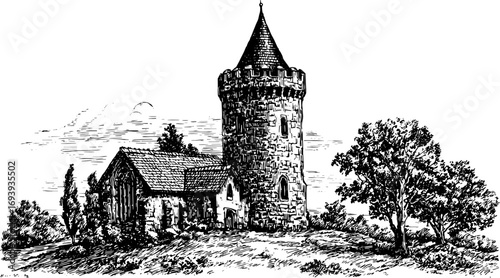 Castle tower and stone church with trees in a rural landscape. Vintage ink sketch in black and white vector illustration.