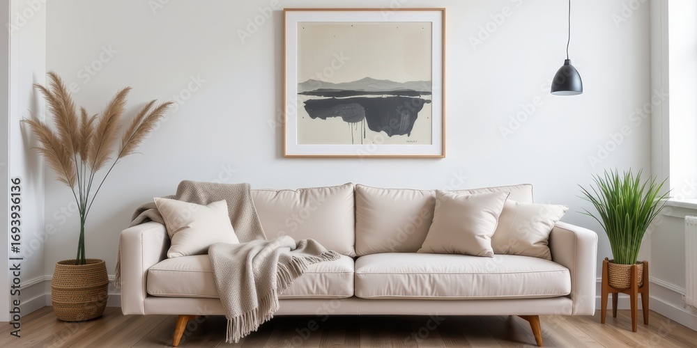 Fototapeta premium Modern living room with neutral tones and stylish decor elements.