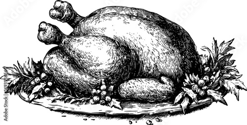 Roast turkey with garnish on a plate. Vintage handdrawn engraving in black and white vector illustration.