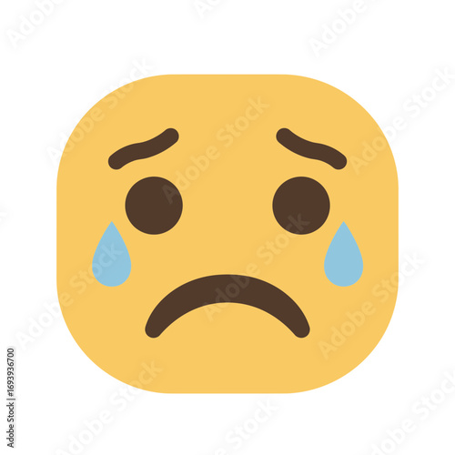 Sad yellow emoji face with tears streaming down expressing feelings of sorrow and disappointment on a white screen, conveying emotional distress and loneliness.