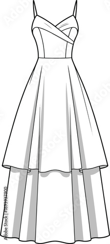 Black and white fashion flat sketch of a strapless tiered midi dress vector illustration