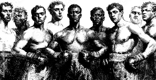 Boxers in a monochrome vintage style set. Black and white group vector illustration with ink engraving style.